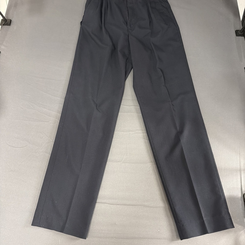 pair of dark gray, flat-front dress trousers with a clean straight-leg cut 32/34